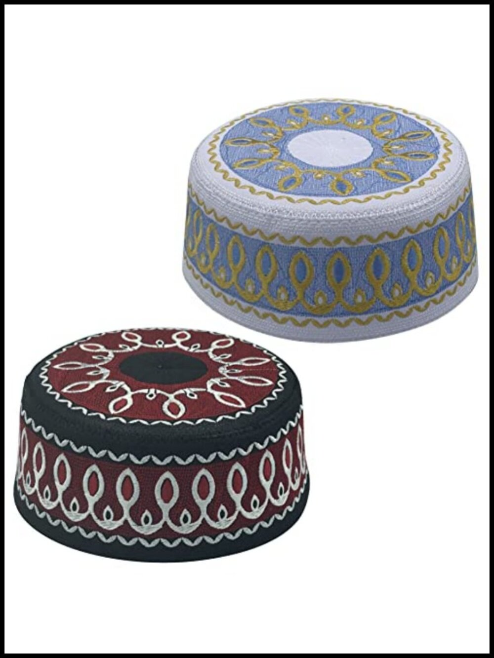 2-Pack Muslim Prayer Kufi Hats - Polyester Beanie Skull Caps Embroidered Round